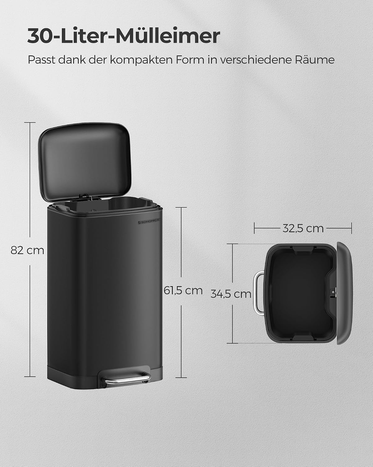 Mülleimer 30 Liter Pedal Soft Close Küche Schwarz Stahl von Songmics