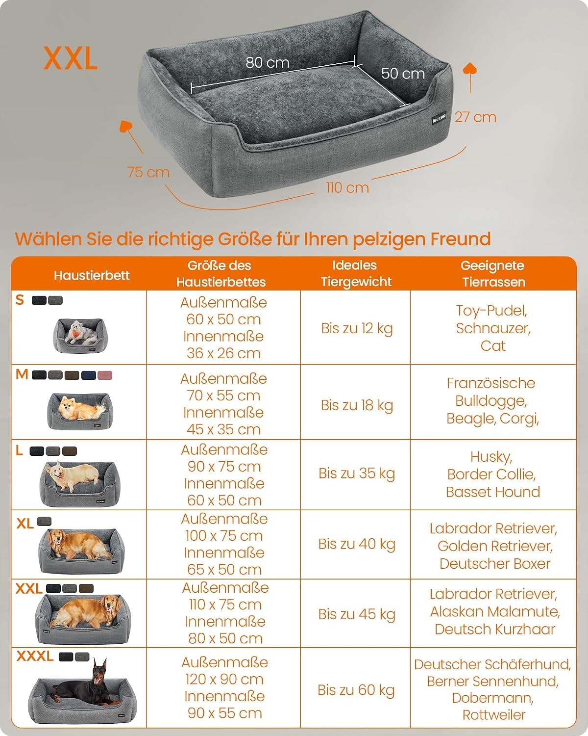 Hundebett XXL Hundesofa 110x75x27 cm Taubengrau von Songmics