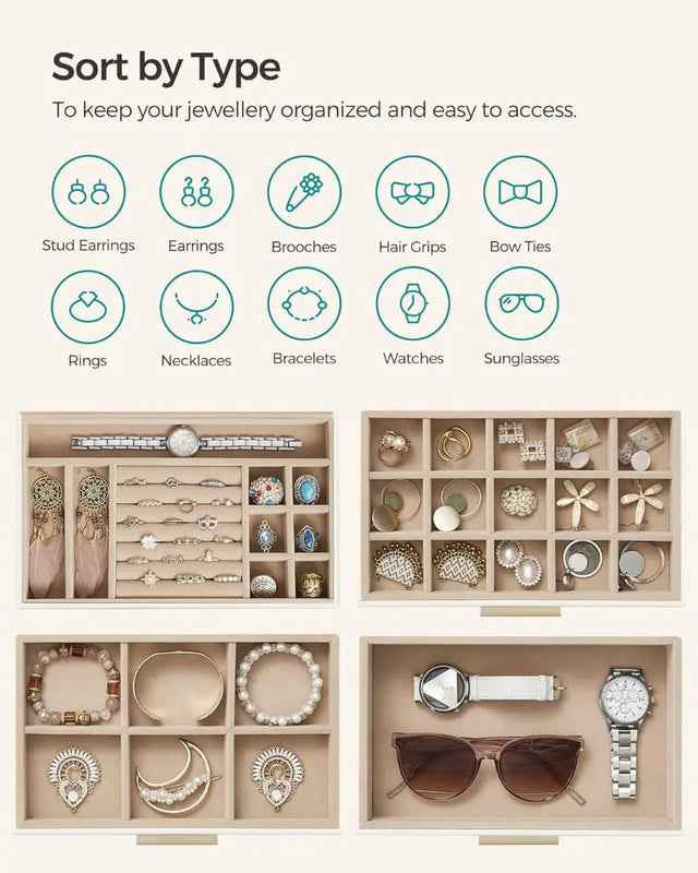 Schmuckkästchen mit Glasdeckel 4 Ebenen wolkenweiss-golden von Songmics