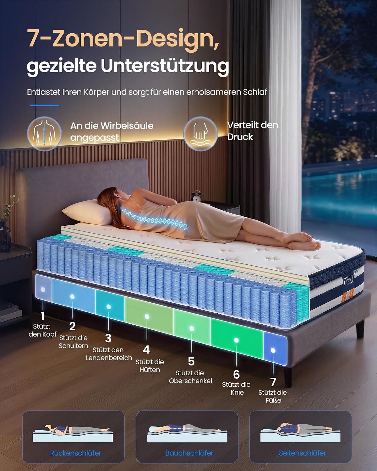 Hybridmatratze 200x90x25 cm 7-Zonen Taschenfederkern von Songmics