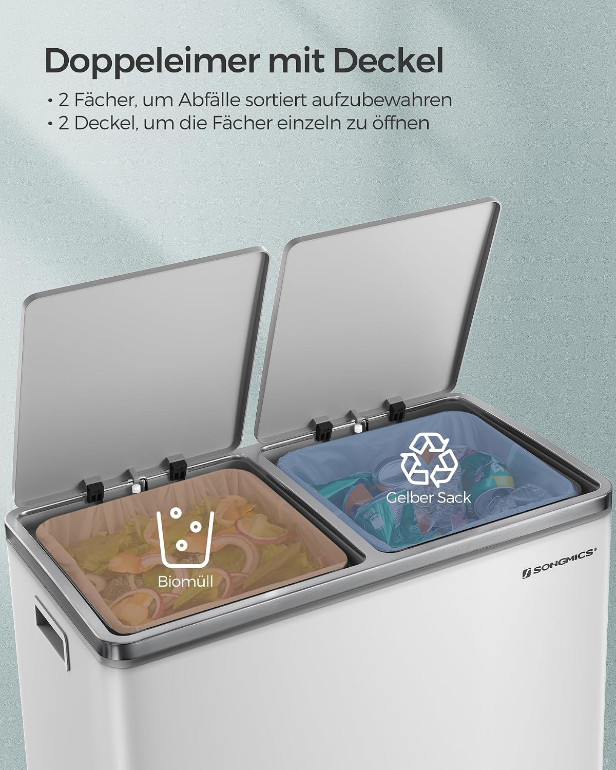 Doppel-Abfalleimer 2x30 Liter Soft-Close Wolkenweiss von Songmics