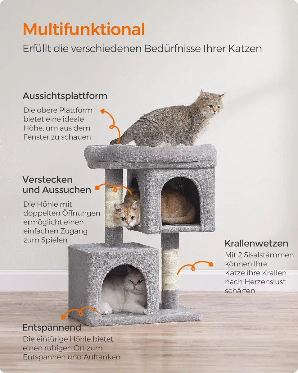 Kratzbaum mit 2 Höhlen 84 cm Hellgrau von guteszeug.ch