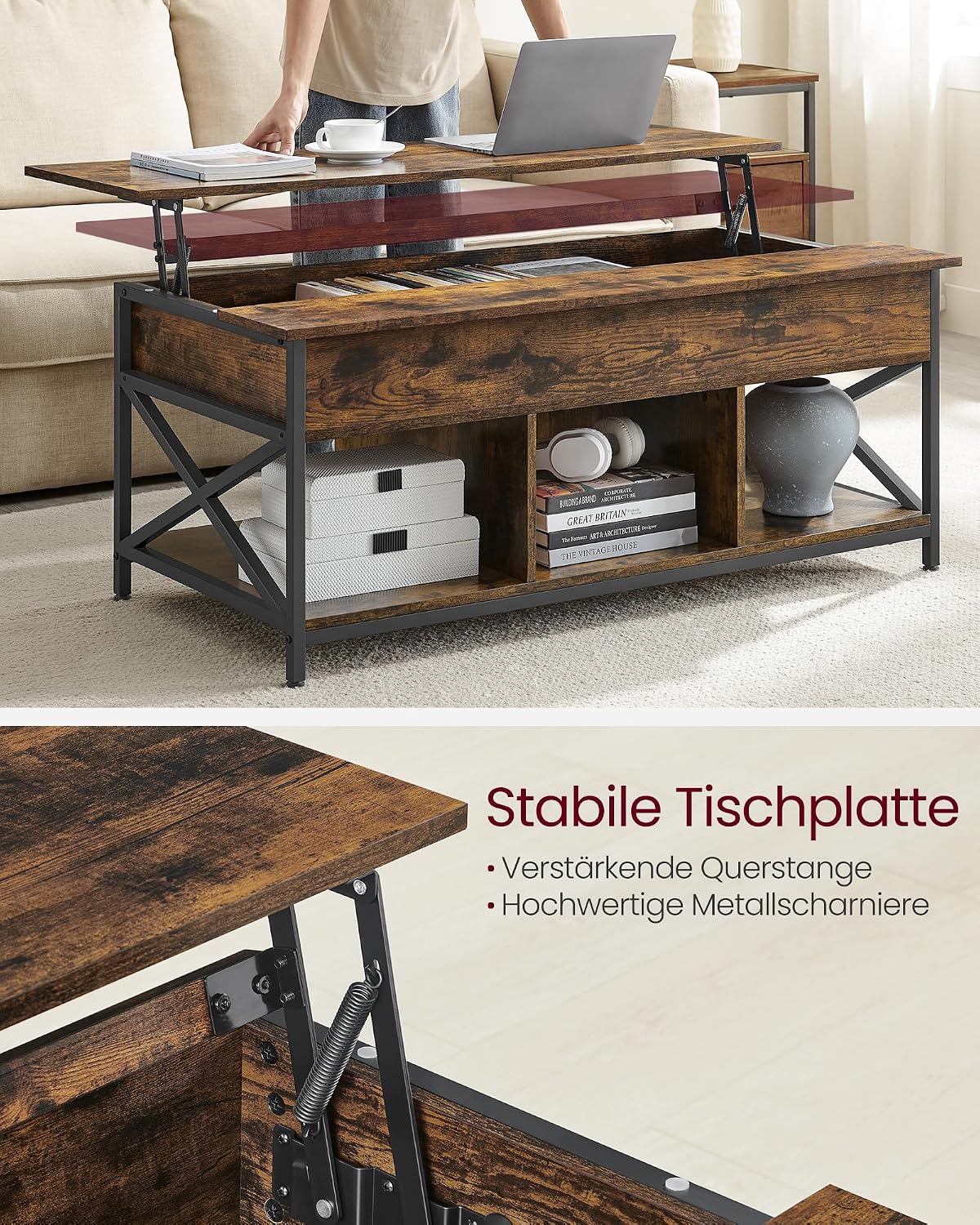 Couchtisch 120x60 cm Liftplatte Stauraum Vintagebraun von Songmics
