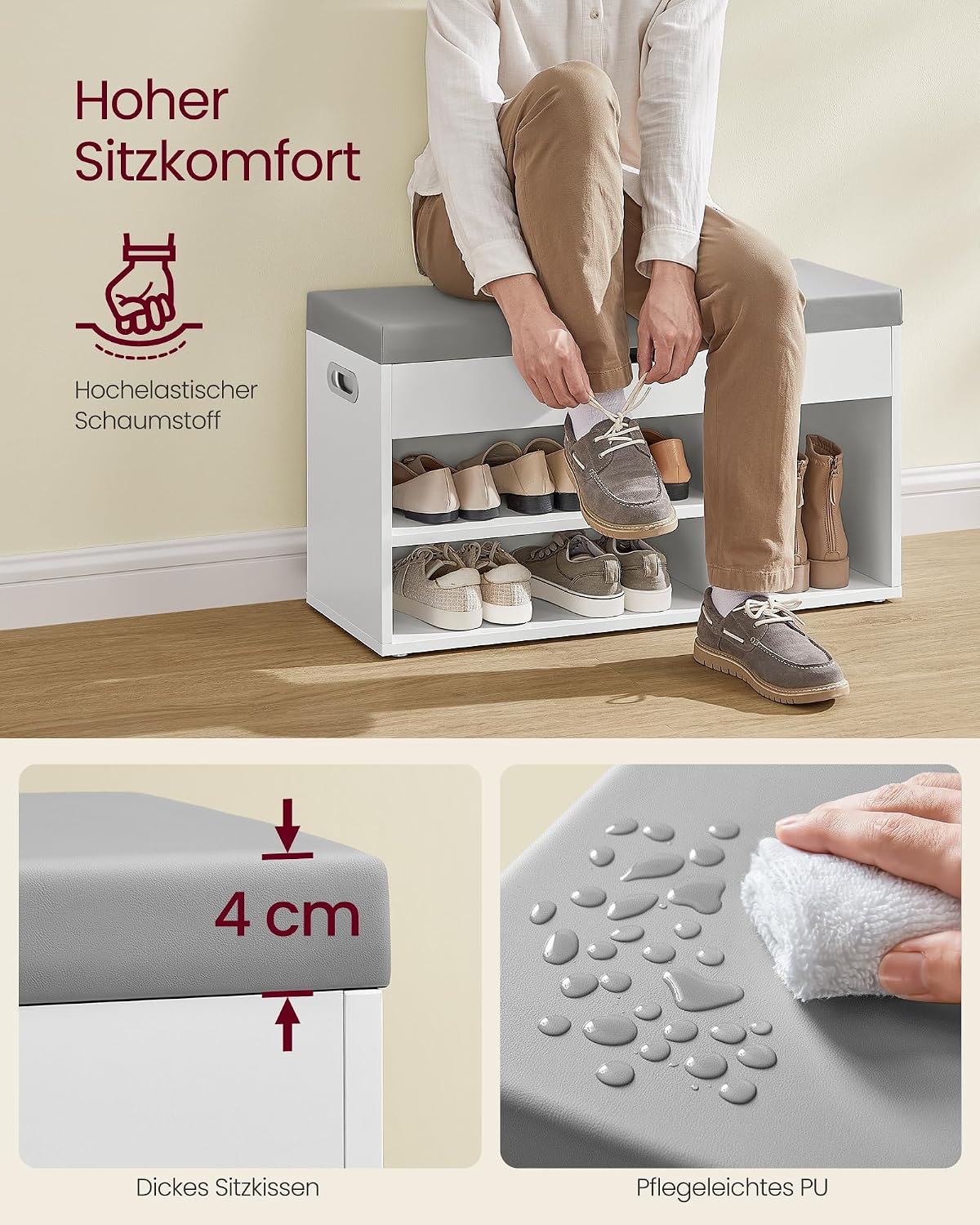 Sitzbank mit Schuhregal 80x30x44 cm Schuhbank Weiss von Songmics