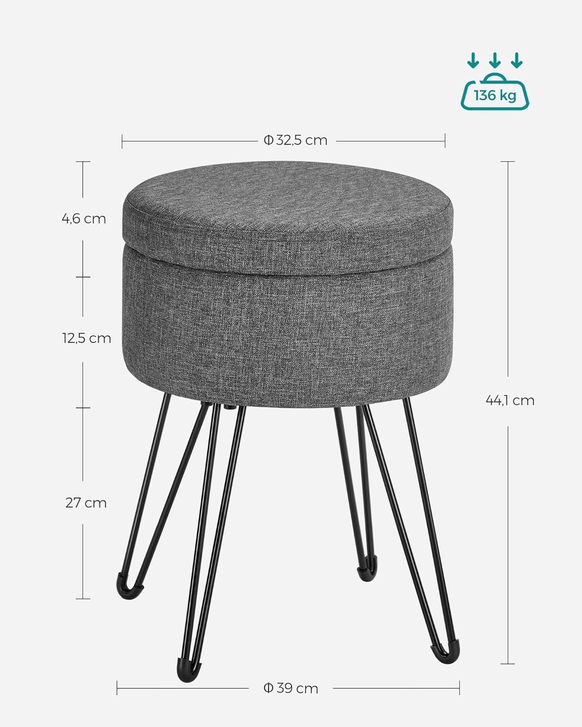 Runder Sitzhocker mit Stauraum gepolstert schiefergrau von Songmics