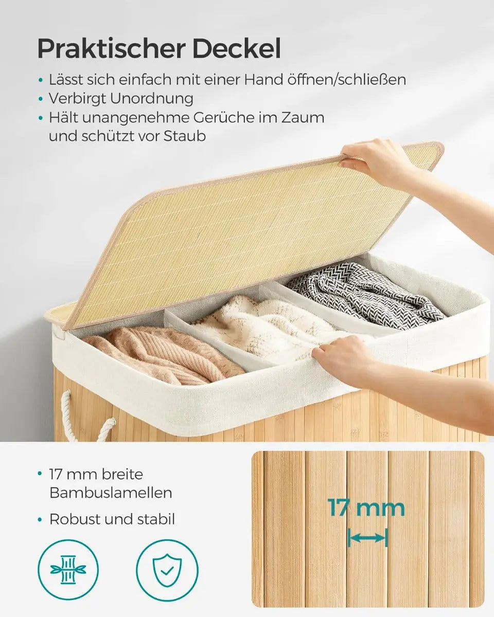 Wäschekorb Wäschebox Bambus 3 Fächer faltbar mit Griffen Naturfarbe von Songmics
