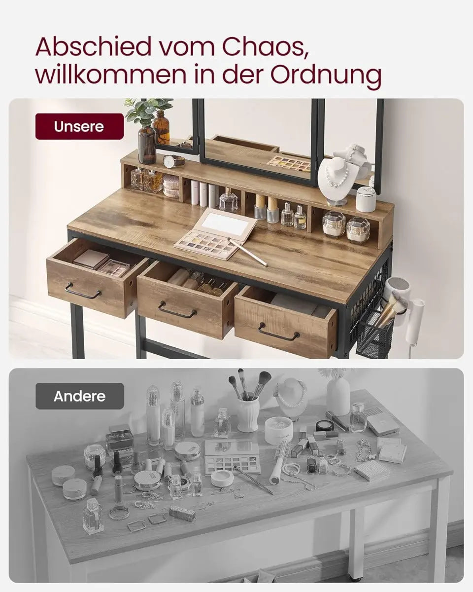 Schminktisch Spiegel Schubladen Hocker Eichenbraun Schwarz von Songmics