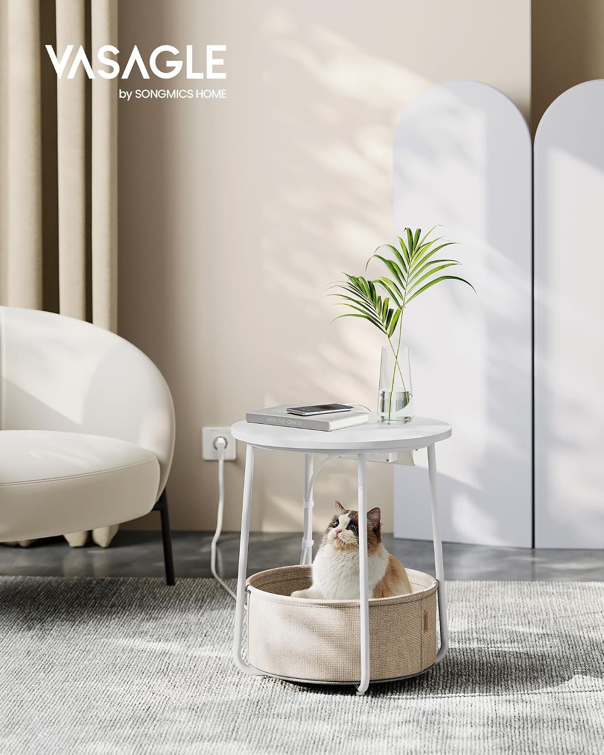 Beistelltisch rund 45x45x50 cm mit Stoffkorb Weiss von Songmics