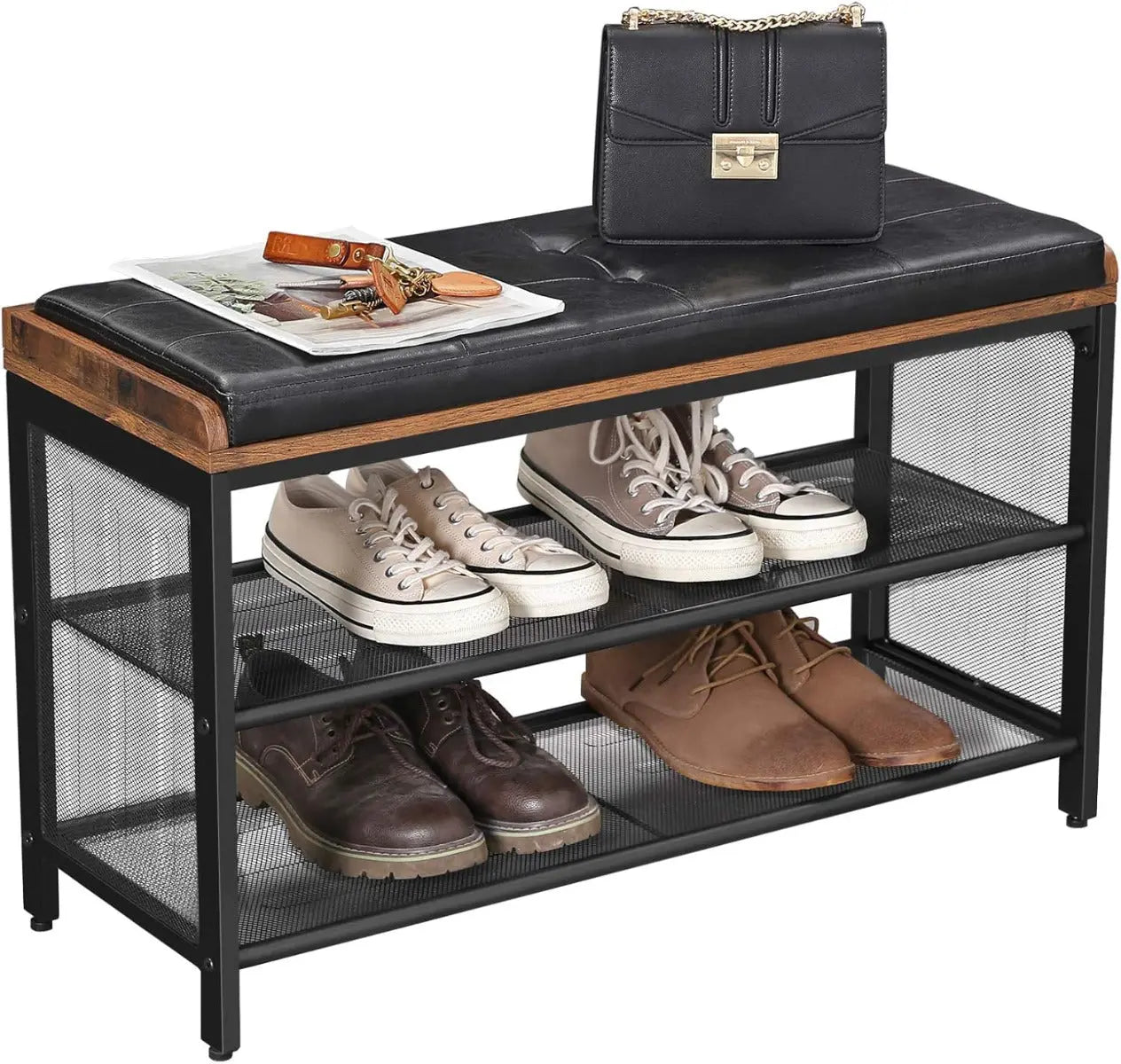 Schuhbank mit Gitterablage mit Polster Vintagebraun-Schwarz von Songmics