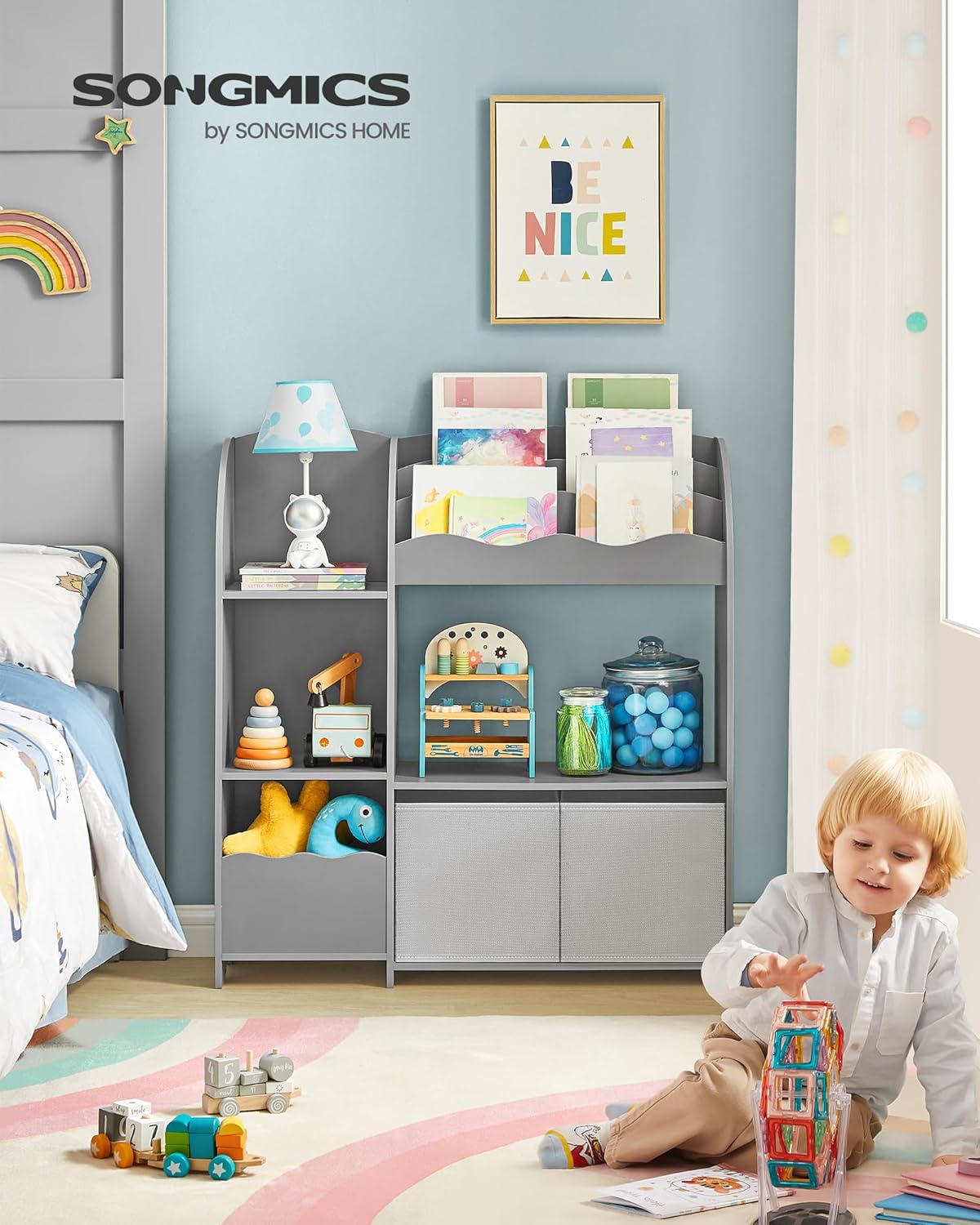 Kinderregal mit 2 Boxen Spielzeug Bücher Aufbewahrung grau von guteszeug.ch