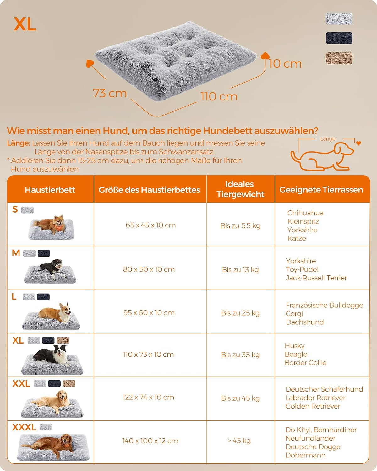Hundebett 110x73x10 cm Hundematte Kissen Hellgrau von Songmics
