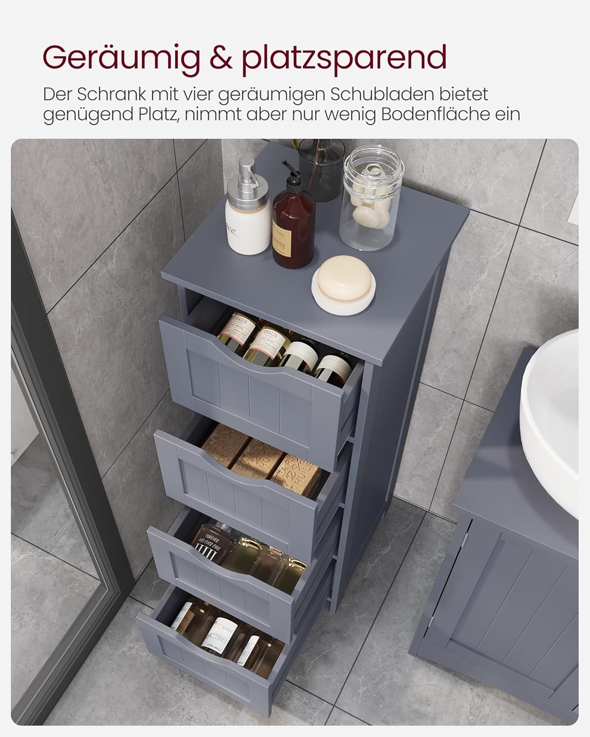 Badschrank mit 4 Schubladen 30x30x82 cm grau modern von Songmics