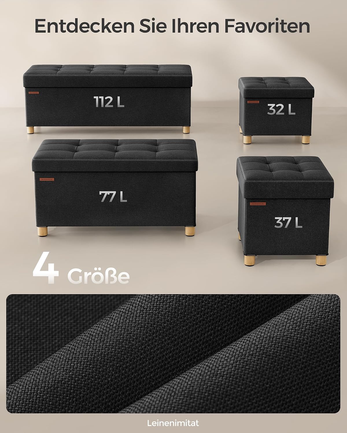Sitztruhe 38x38x40 cm Sitzbox 37 l Stauraum Schwarz von Songmics