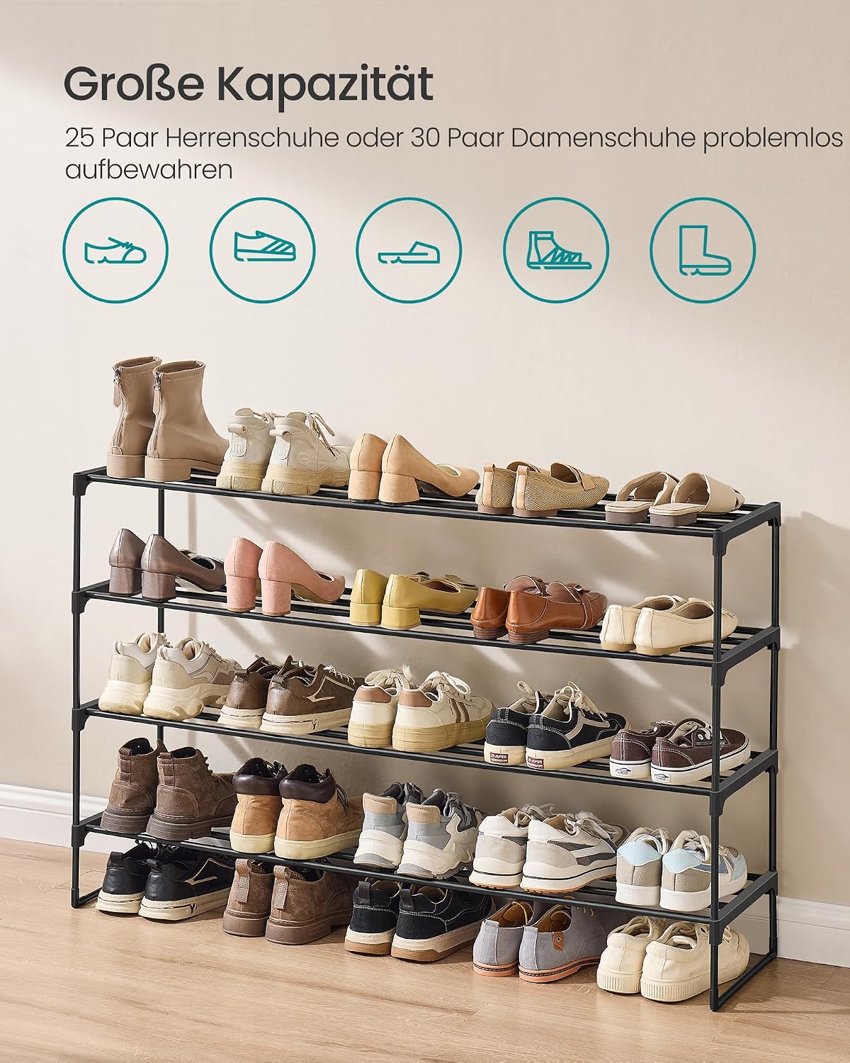 Schuhregal 4 Etagen Metall 116x30x72 cm Tintenschwarz von Songmics