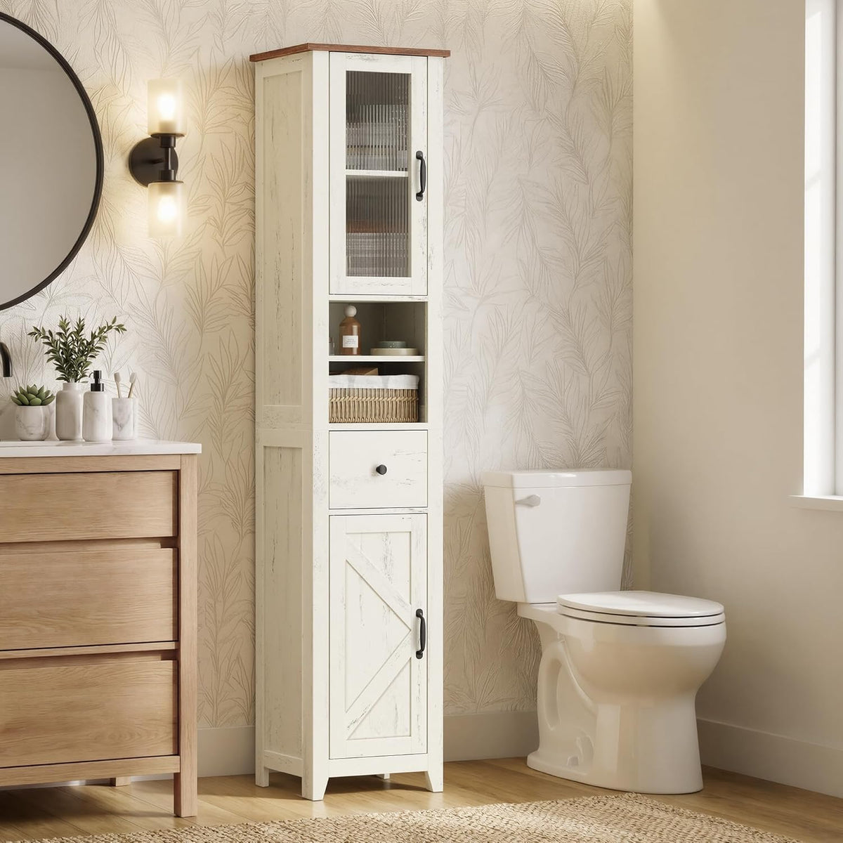 Badezimmerschrank Hochschrank 33x31,5x171 cm Weiss von Songmics
