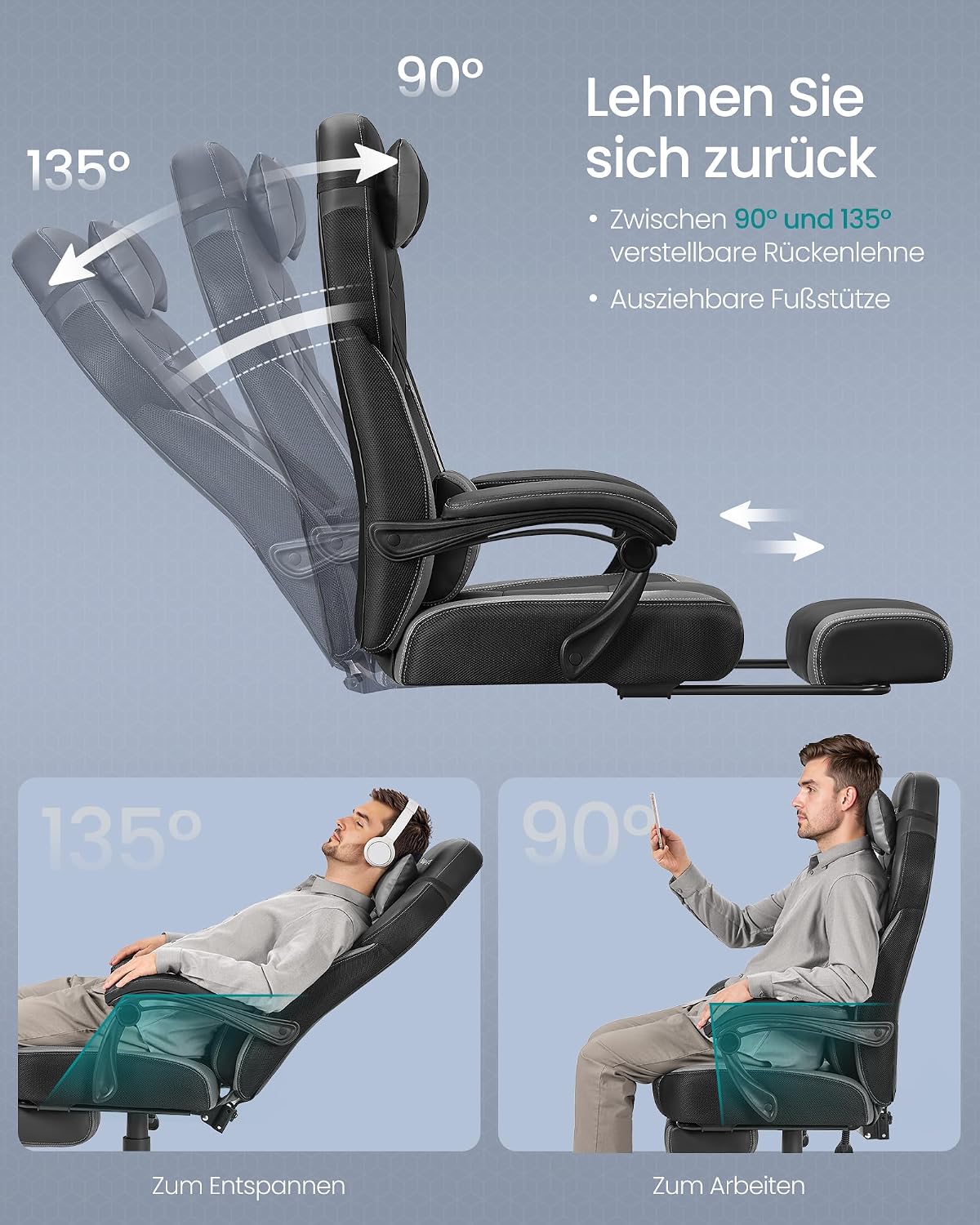 Gamingstuhl Bürostuhl mit Fussstütze Schwarz Grau von Songmics