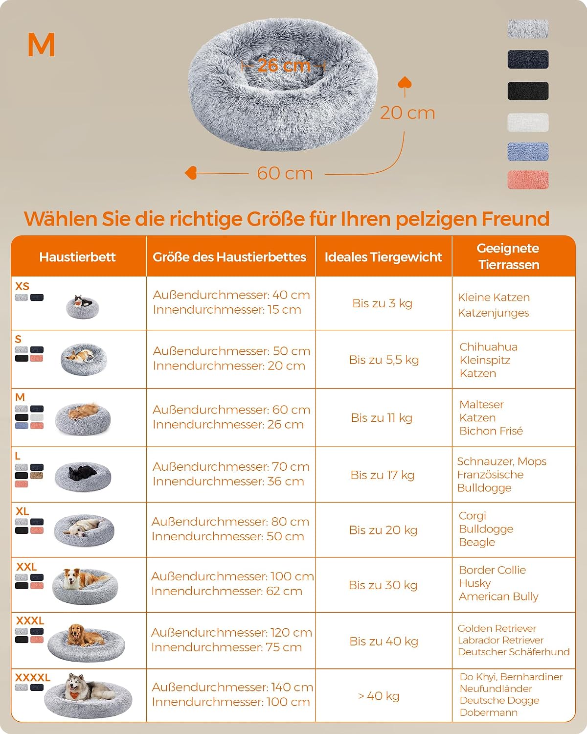 Hundebett Donut flauschig waschbar 60 cm Ombré Grau von Songmics