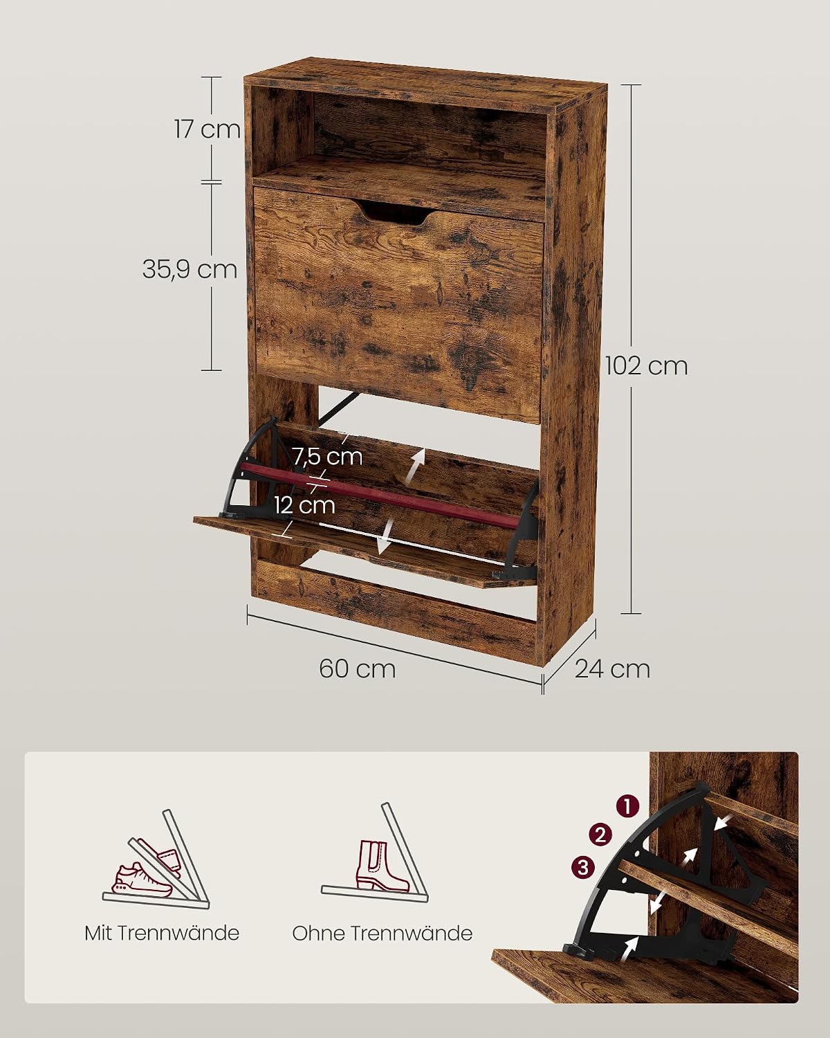 Schuhschrank 2 Klappen verstellbar 8-12 Paar vintagebraun von Songmics