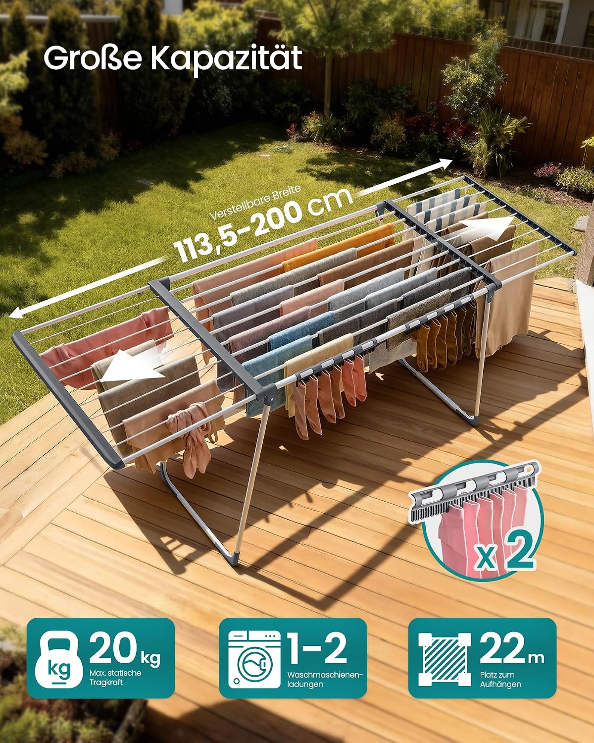 Flügelwäscheständer ausziehbar 22 m 24 kg Perlweiss von Songmics