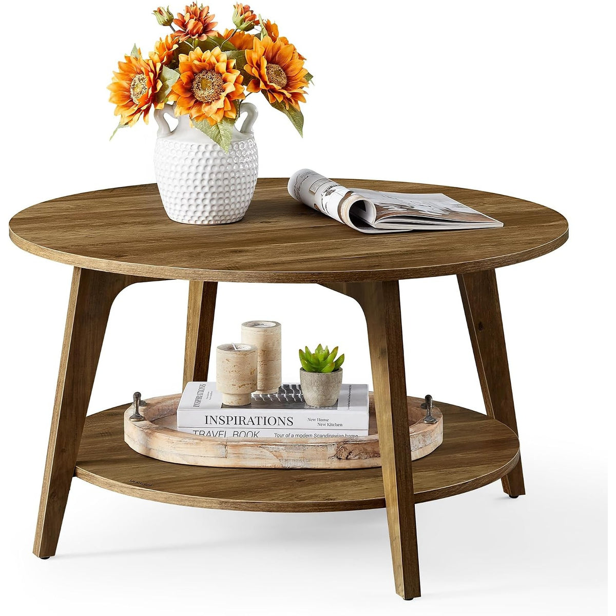 Couchtisch 2 Ebenen rund 80x80x45 cm Honigbraun von Songmics