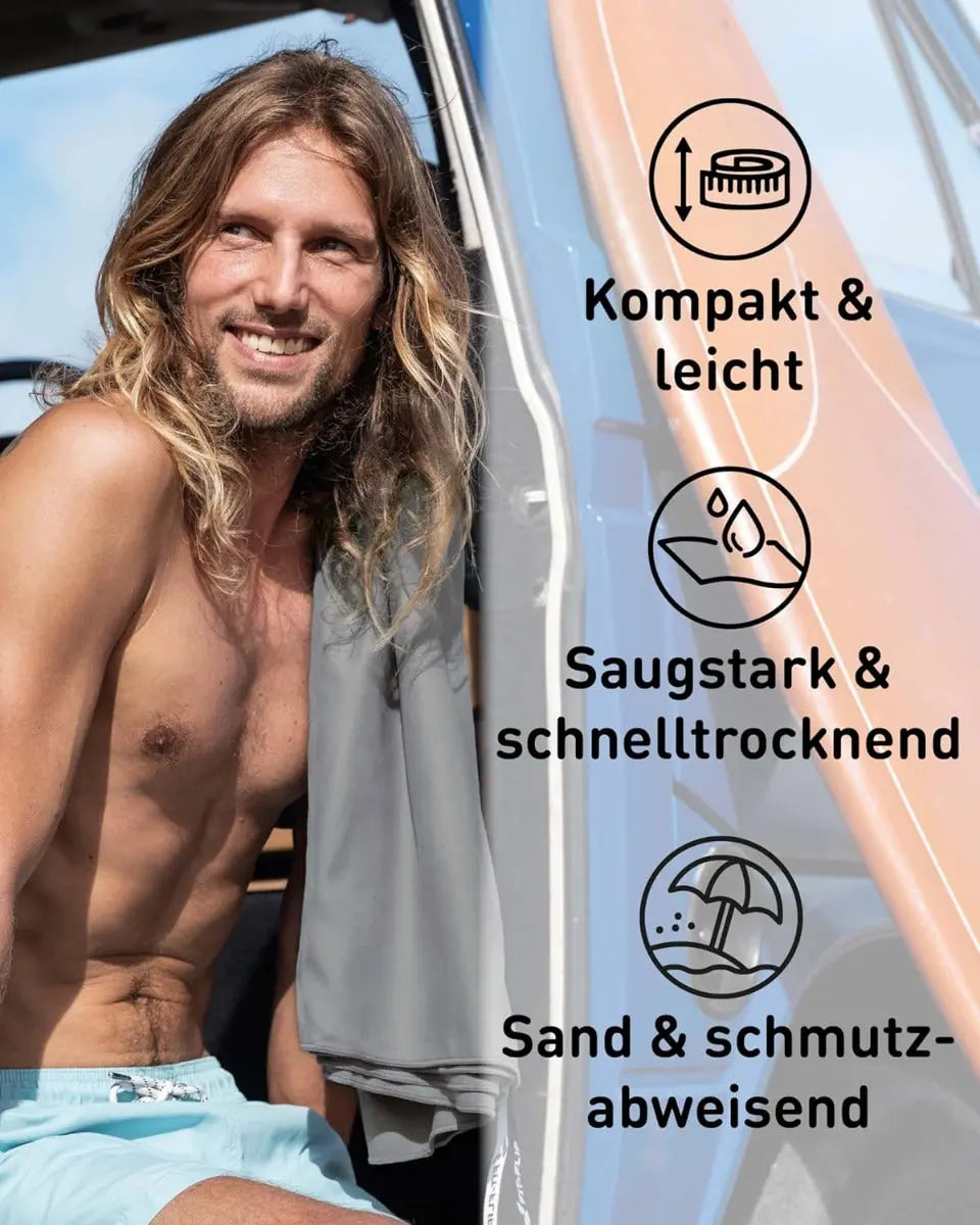 Mikrofaser Handtuch schnelltrocknend mit Tasche 80x160cm Grau von Fit-Flip