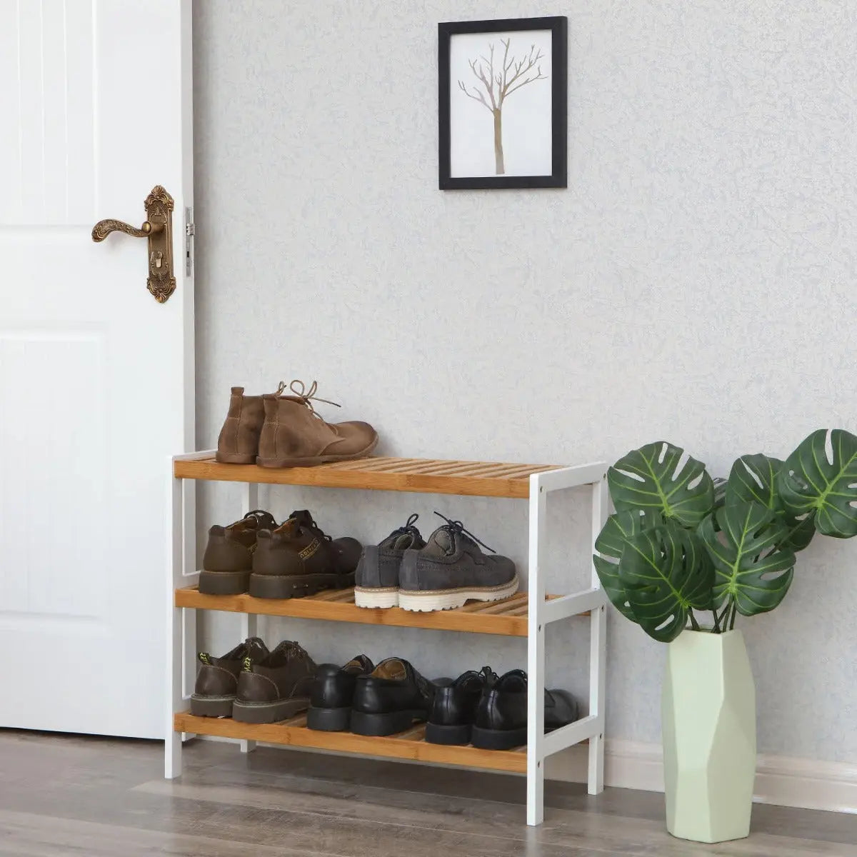 Schuhregal Schuhablage Bambus 3 Ebenen weiss-natur von Songmics