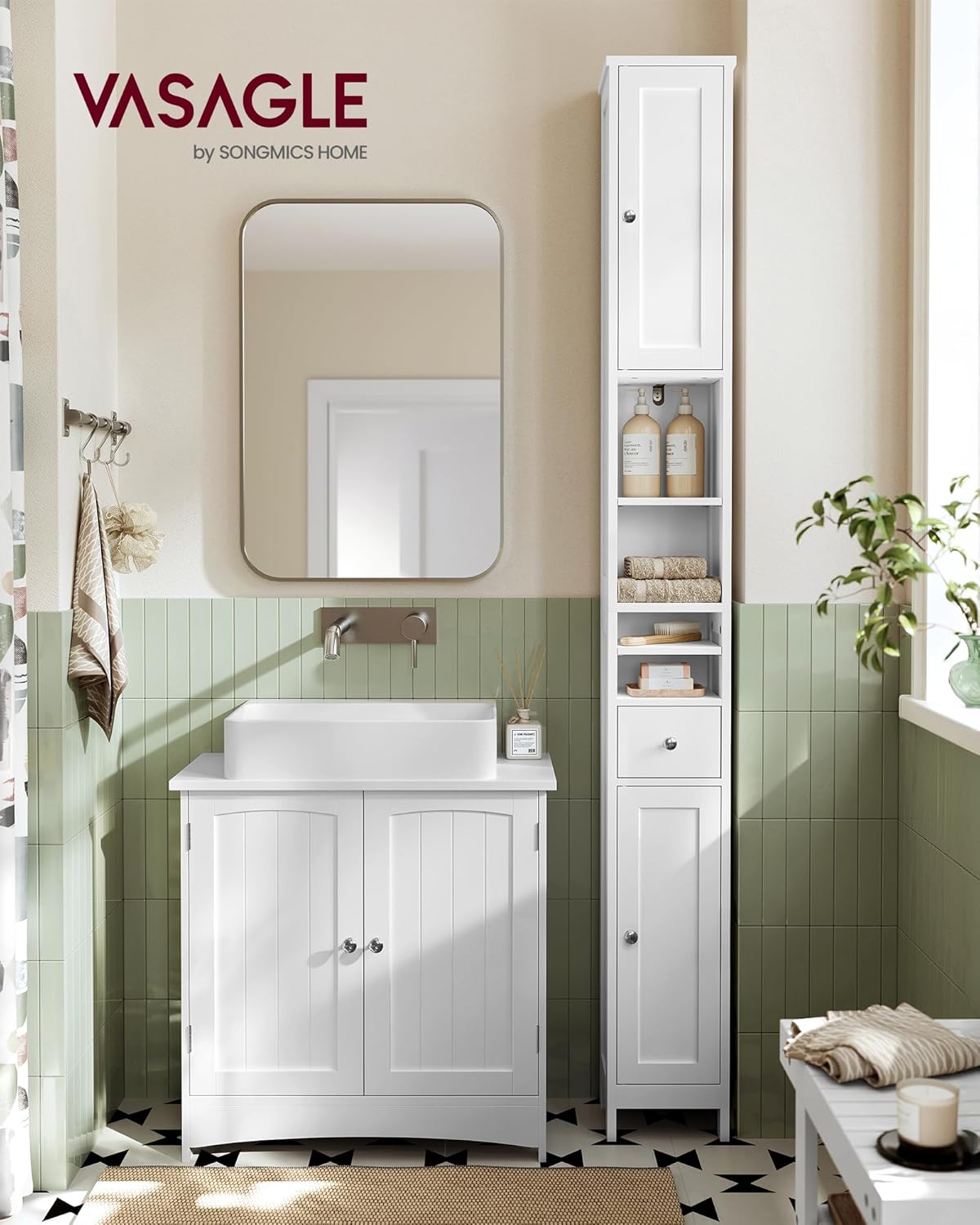 Badezimmerschrank hoch schmal mit Schublade und Ablagen weiß von Songmics