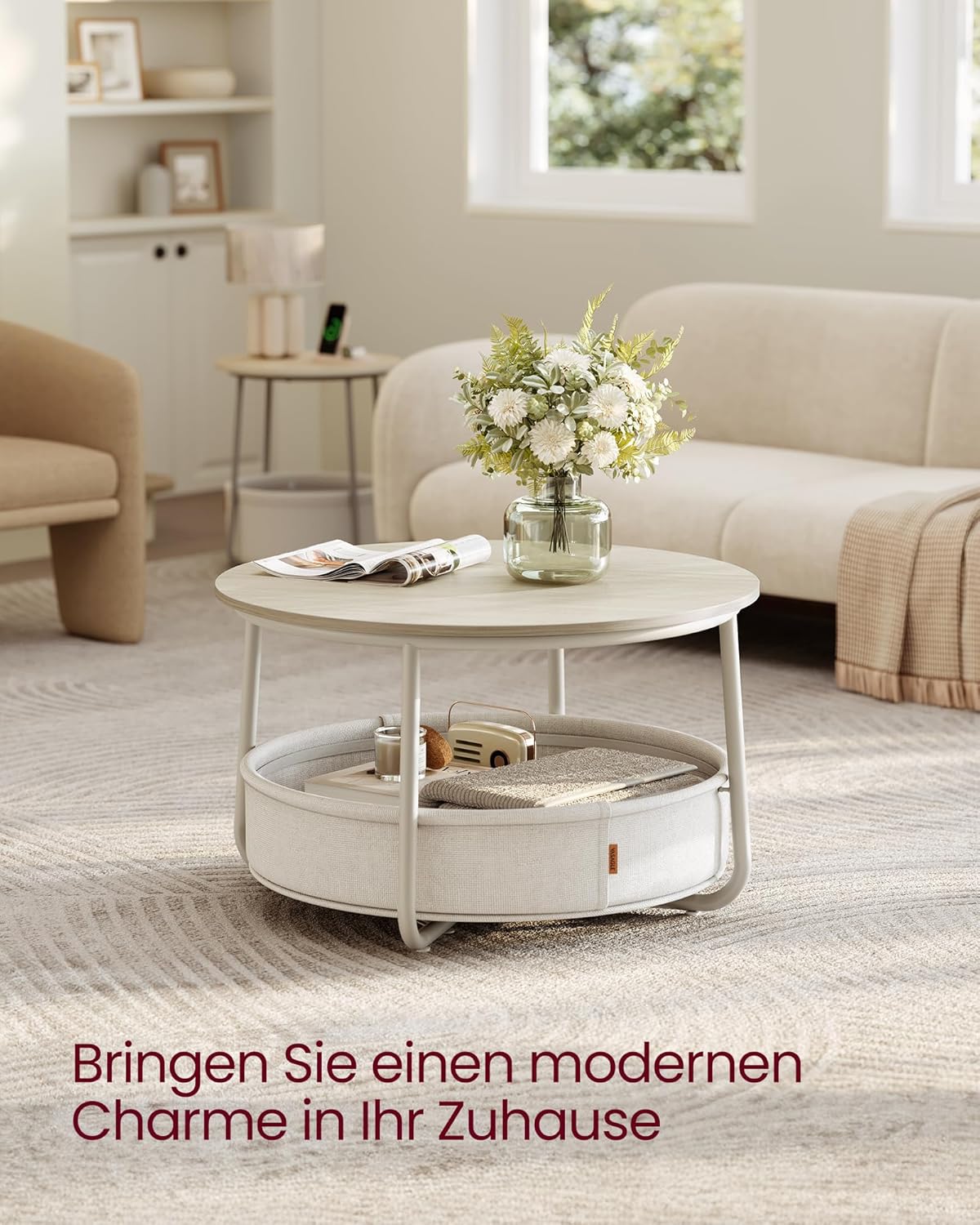 Runder Couchtisch mit Stoffkorb und Metallrahmen Beige von Songmics