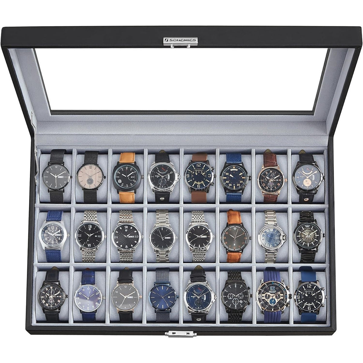 Uhrenbox 24 Fächer Uhrenkoffer mit Glasdeckel Schwarz von Songmics