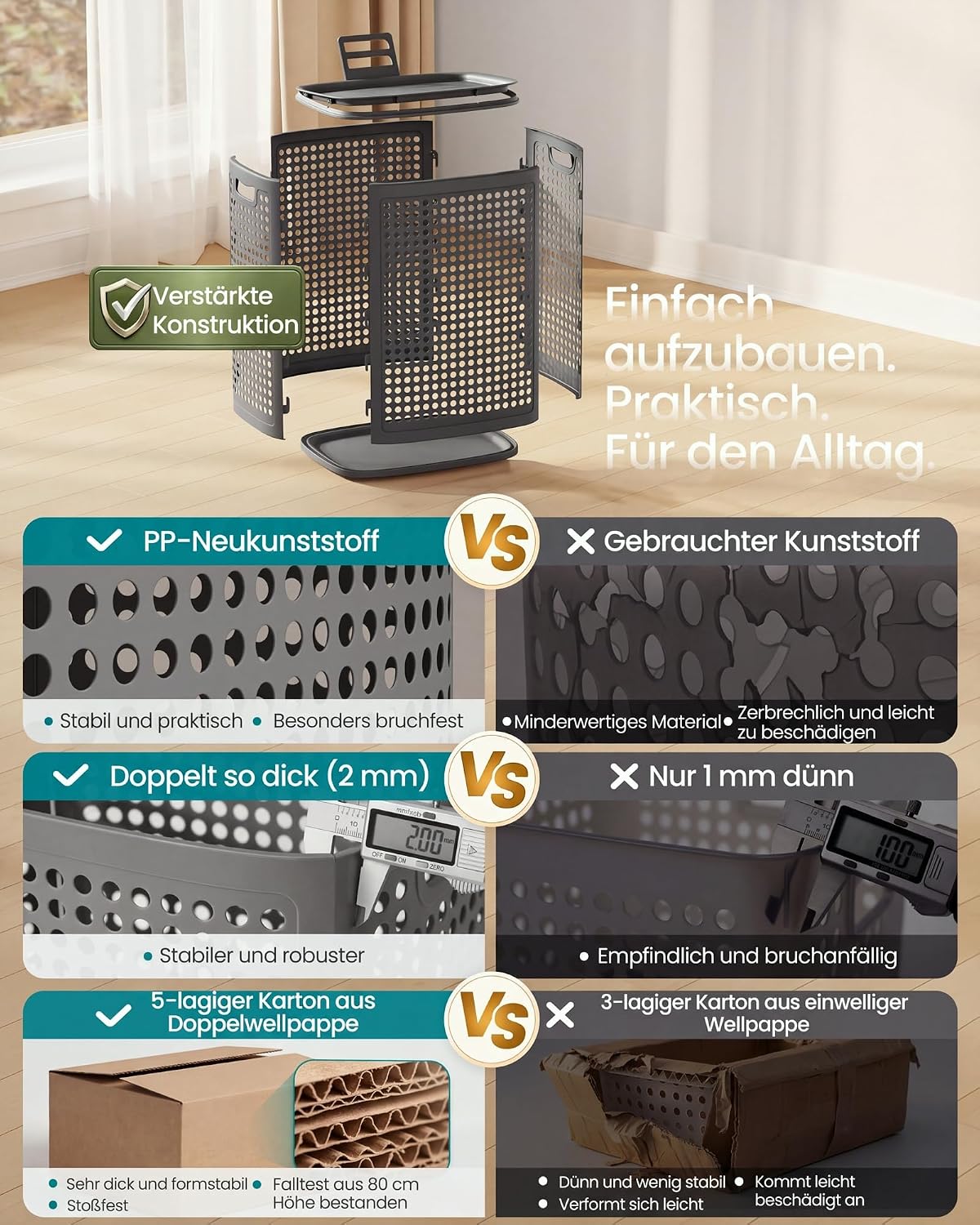 Wäschekorb mit Deckel 75 l PP Kunststoff Dunkelgrau von Songmics
