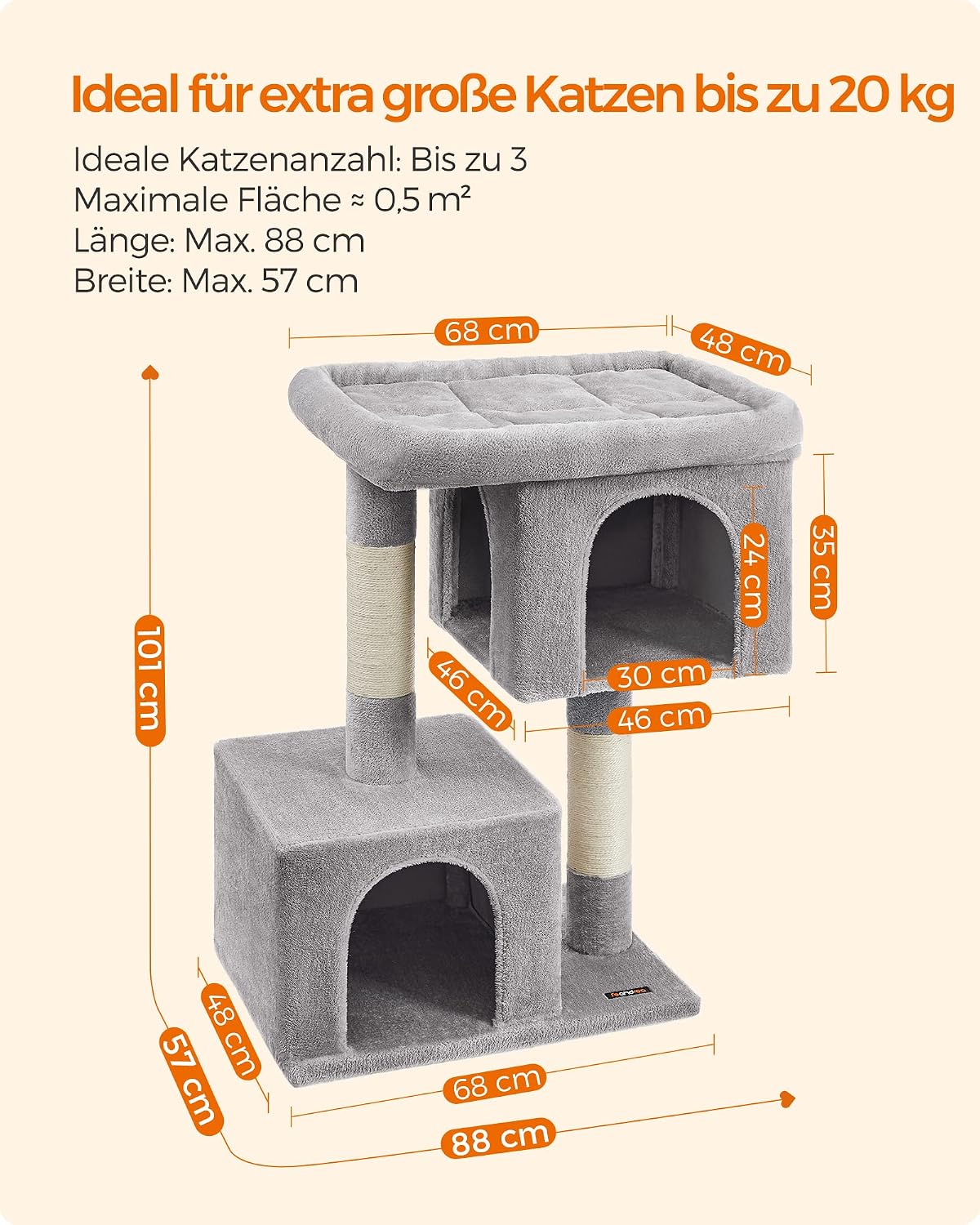 Kratzbaum 101 cm Katzenbaum mit Kippschutz Taubengrau von Songmics