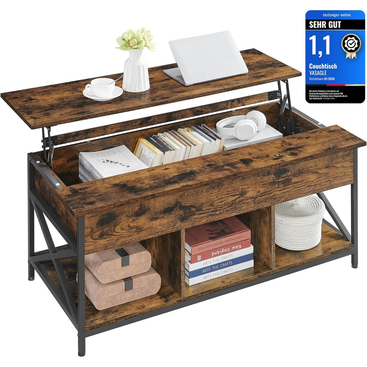 Couchtisch 120x60 cm Liftplatte Stauraum Vintagebraun von Songmics