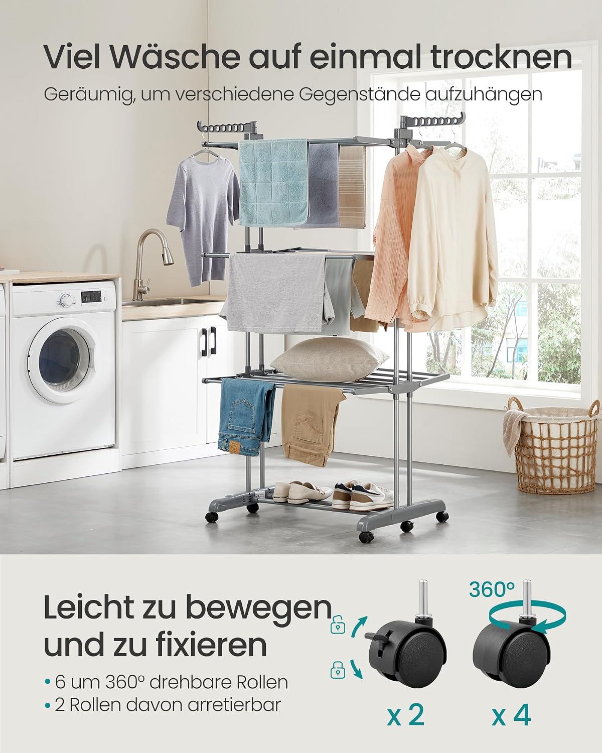 Wäscheständer 4 Ebenen faltbar mit Rollen Taubengrau von Songmics