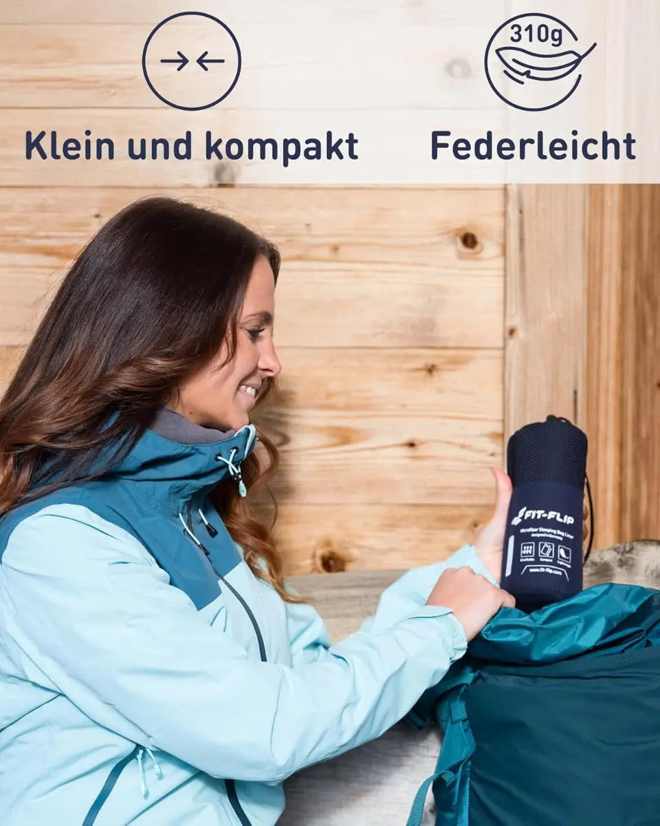 Hüttenschlafsack Mikrofaser ultraleicht mit Kissenfach 90x220cm Marineblau von guteszeug.ch