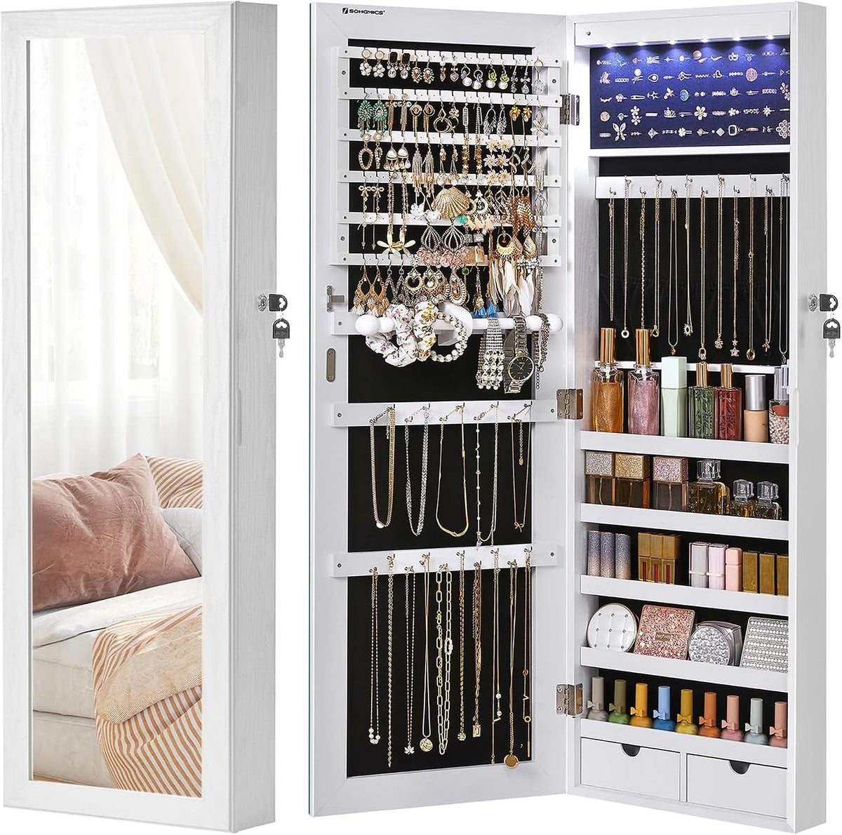 Schmuckschrank mit Spiegel LED 37x10x120 cm Weiss von Songmics
