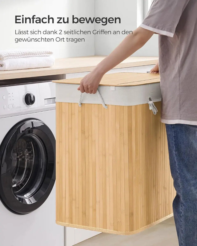 Wäschekorb Wäschebox Bambus 3 Fächer faltbar mit Griffen Naturfarbe von Songmics