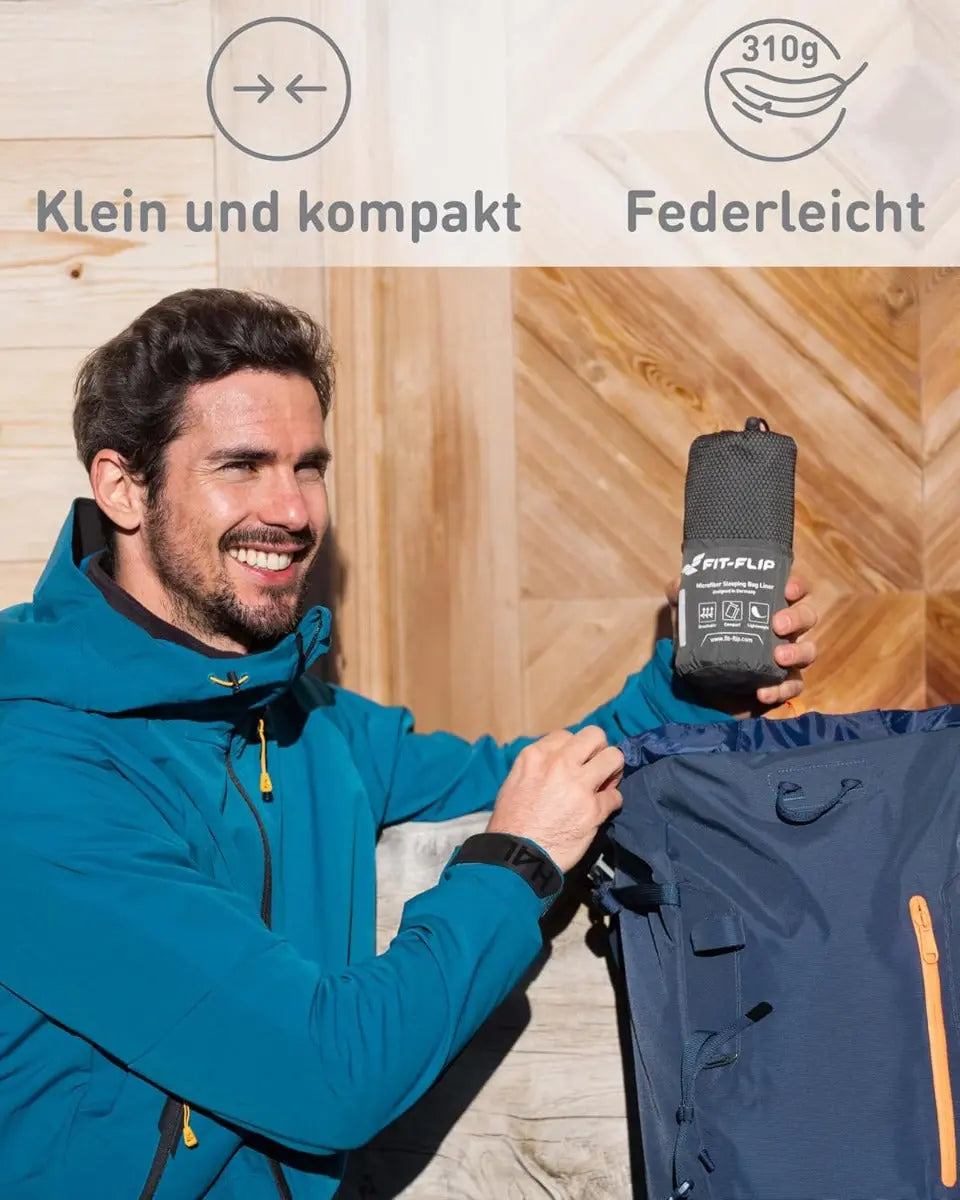 Hüttenschlafsack Mikrofaser ultraleicht mit Kissenfach 90x220cm Grau von guteszeug.ch