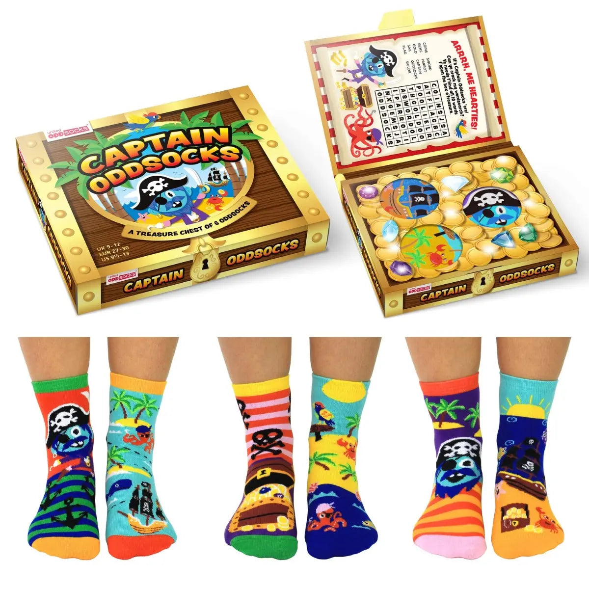 Einzelne Socken im 6er Pack, CAPTAIN ODDSOCKS Bunte Piratensocken, Gr. 27-30, mit Geschenkbox von United Oddsocks