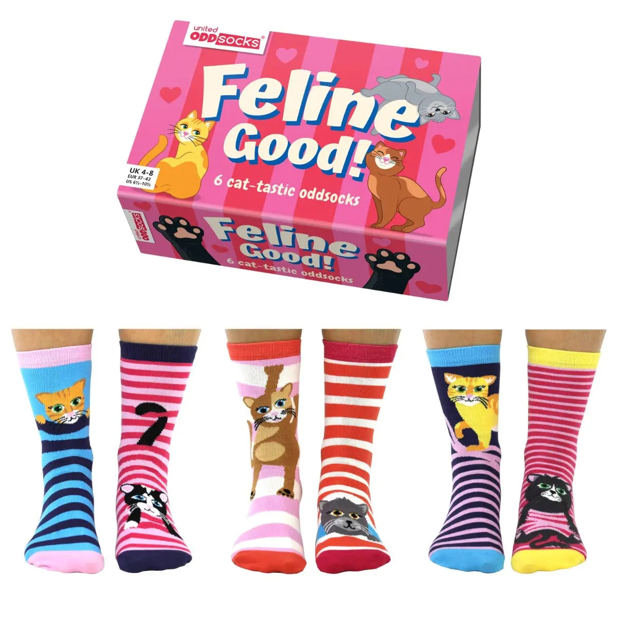 Einzelne Socken im 6er Pack, FELINE GOOD! Bunte Katzen und Streifen, Gr. 37-42, mit Geschenkbox von guteszeug.ch