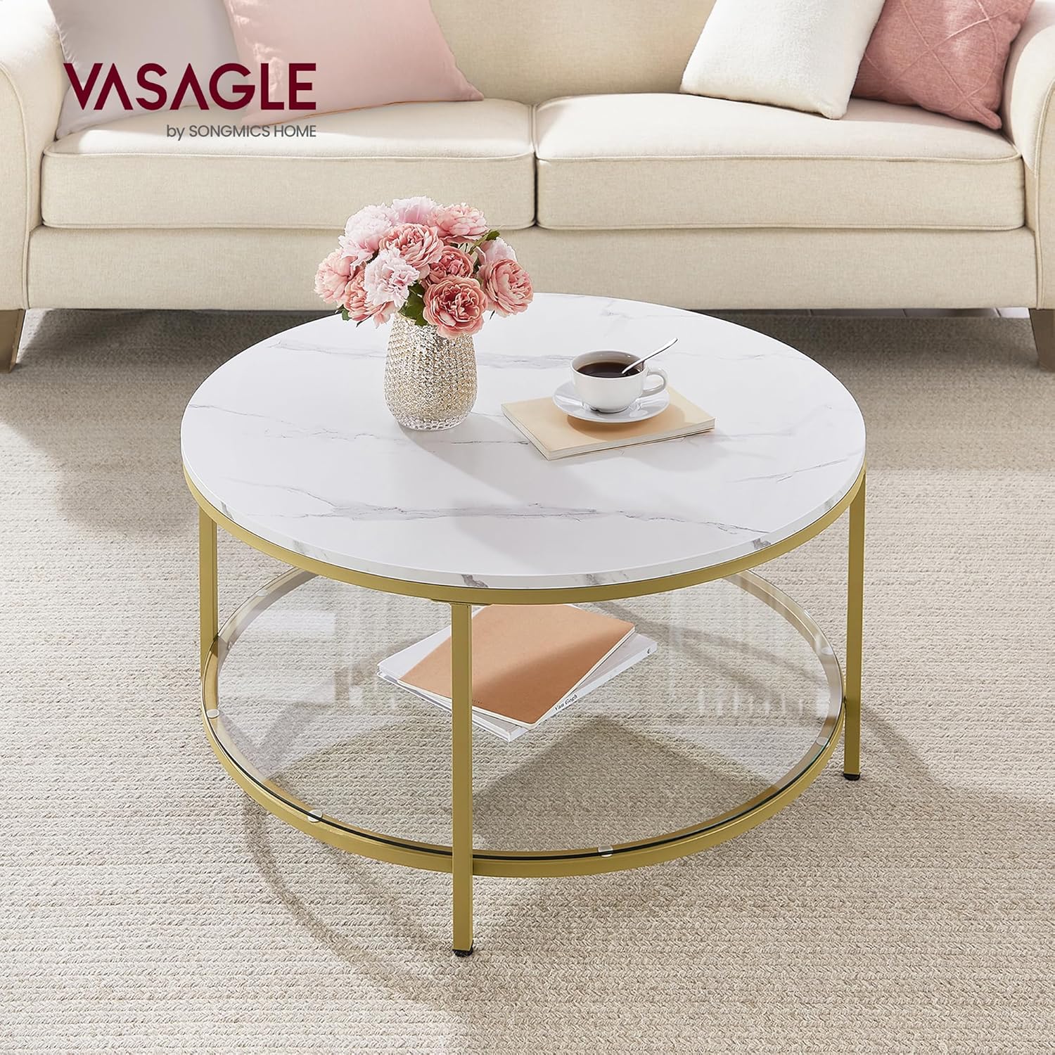 Couchtisch Glasplatte Marmor Optik Wohnzimmer Stauraum Gold von Songmics