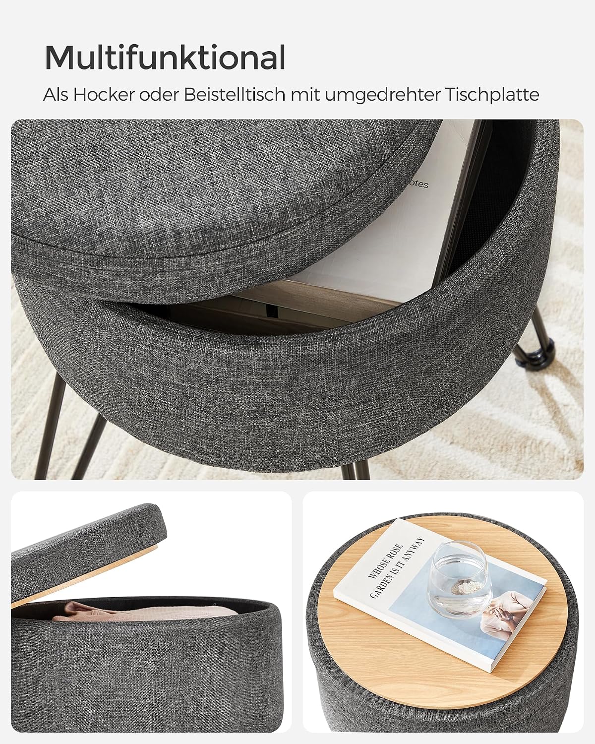 Sitzhocker mit Stauraum 13,4 l rund Taubengrau von Songmics
