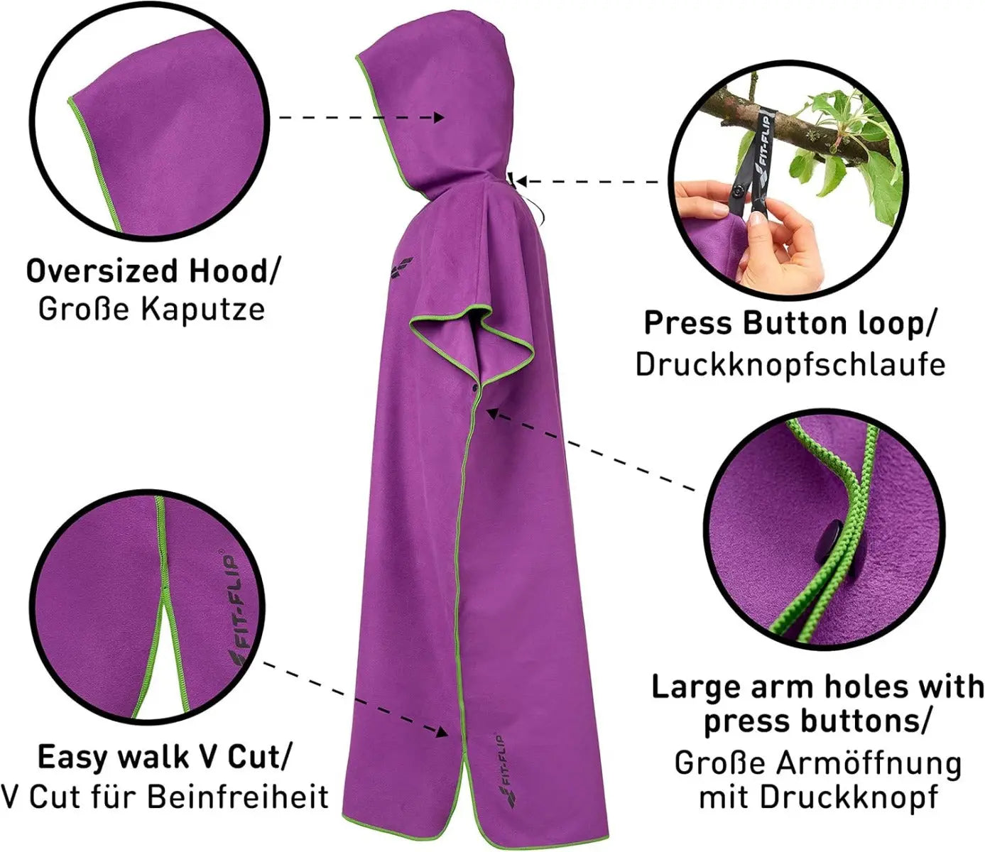 Badeponcho Mikrofaser Unisex schnelltrocknend mit Kapuze L Violett-Grün von guteszeug.ch