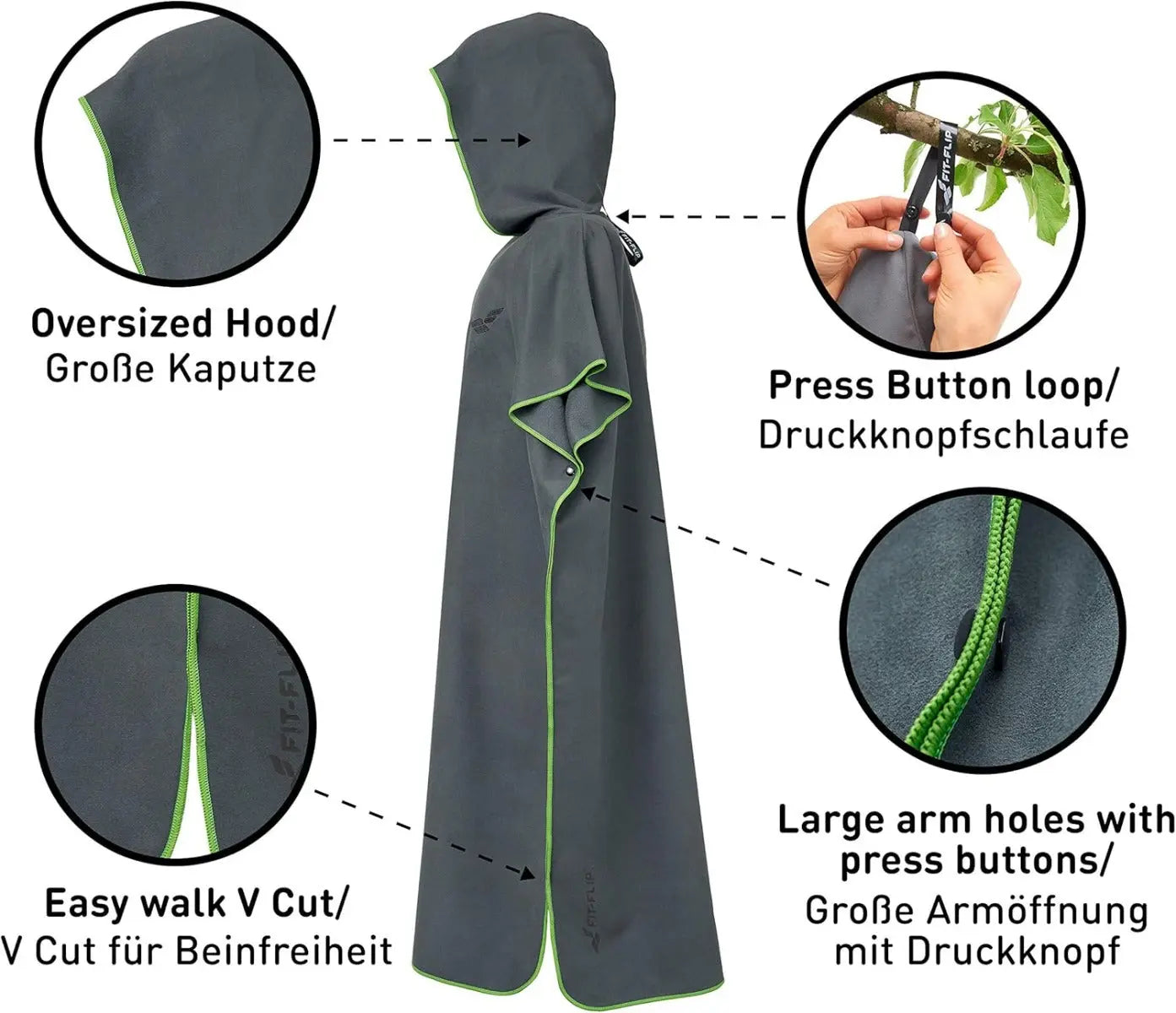 Badeponcho Mikrofaser Unisex schnelltrocknend mit Kapuze L Dunkelgrau-Grün von guteszeug.ch