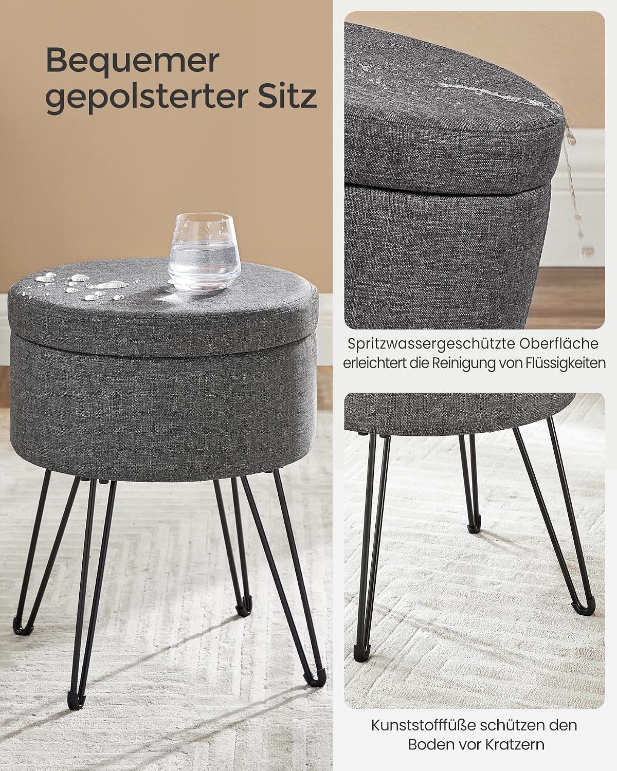 Sitzhocker mit Stauraum 13,4 l rund Taubengrau von Songmics