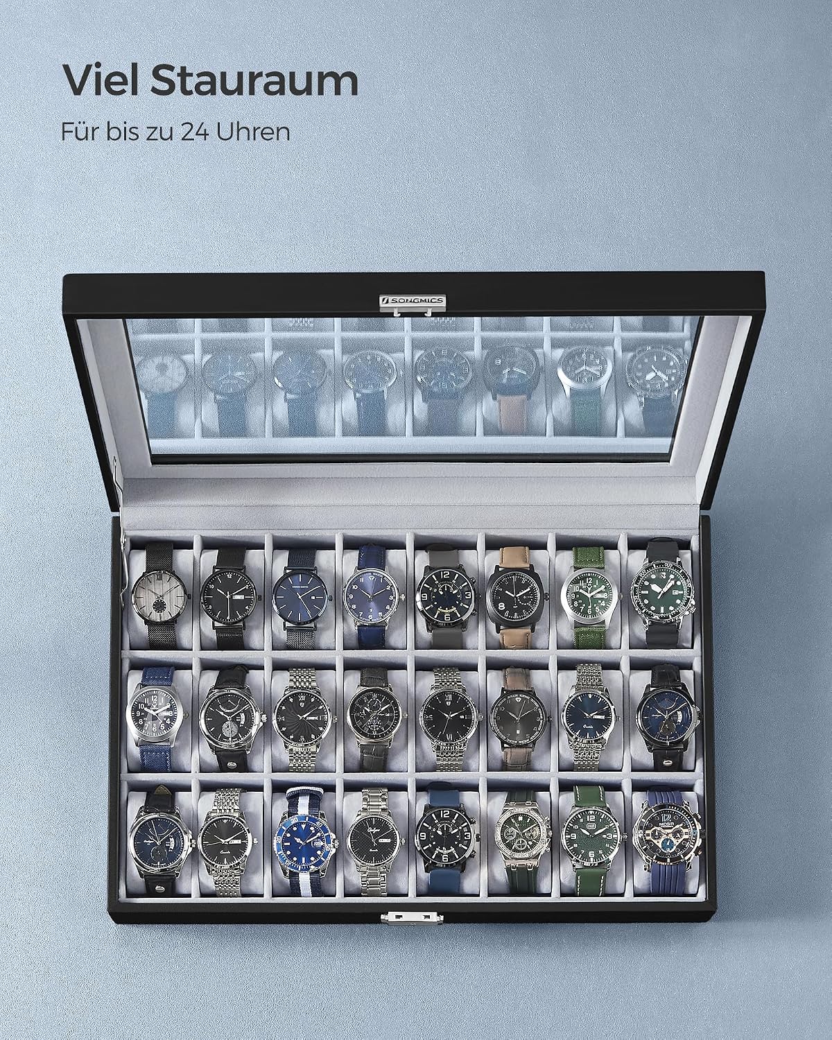 Uhrenbox 24 Fächer Uhrenkoffer mit Glasdeckel Schwarz von Songmics