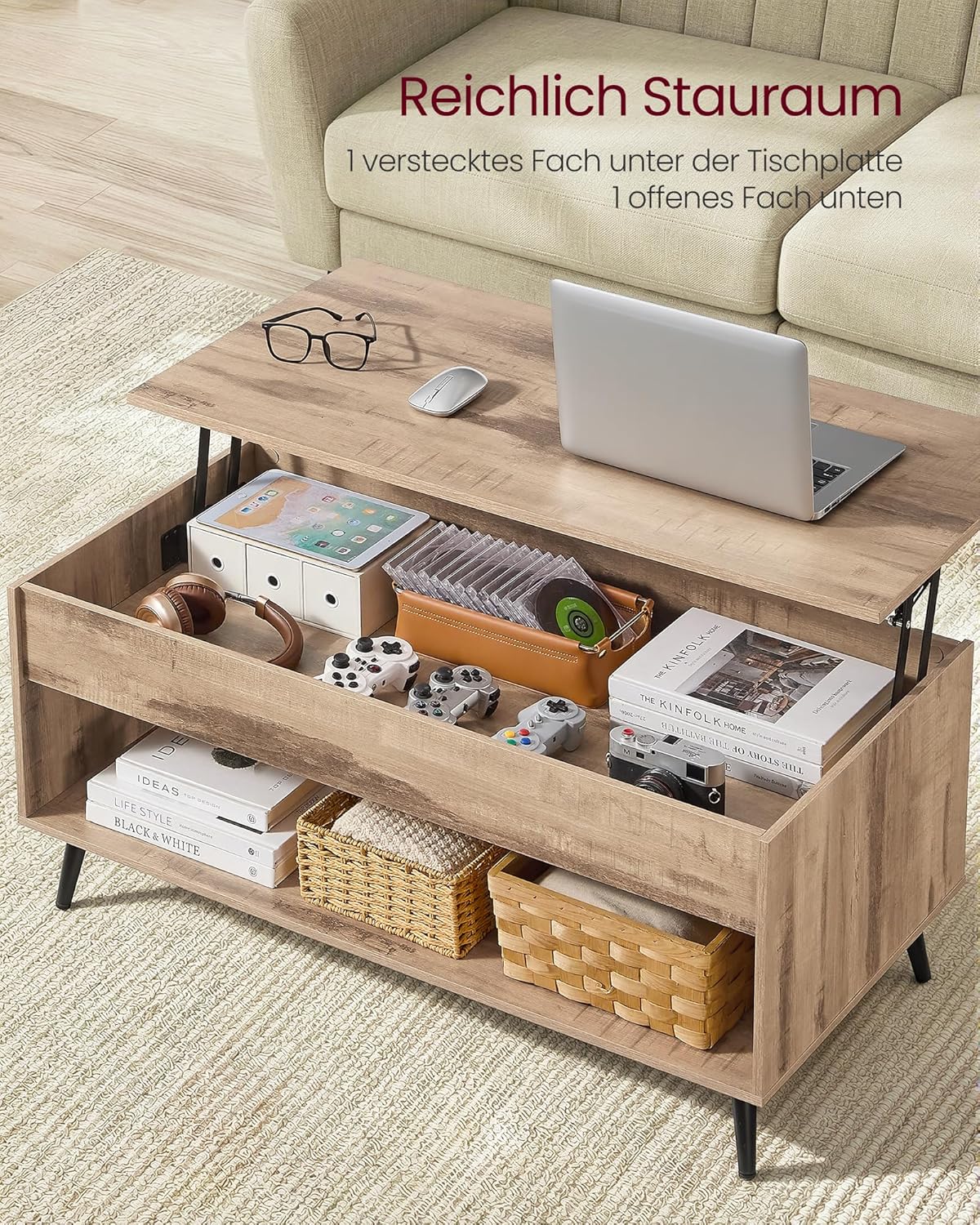 Couchtisch Lift-Top höhenverstellbar Kamelbraun 100x50x45 cm von Songmics