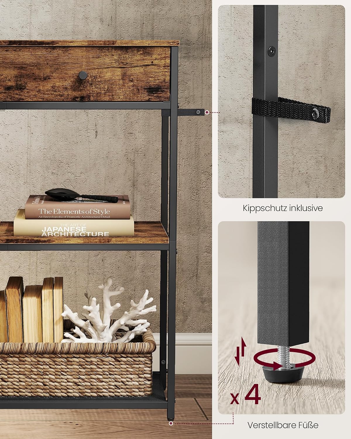 Konsolentisch 76x24x80 cm 2 Schubladen 2 Ablagen Braun von Songmics