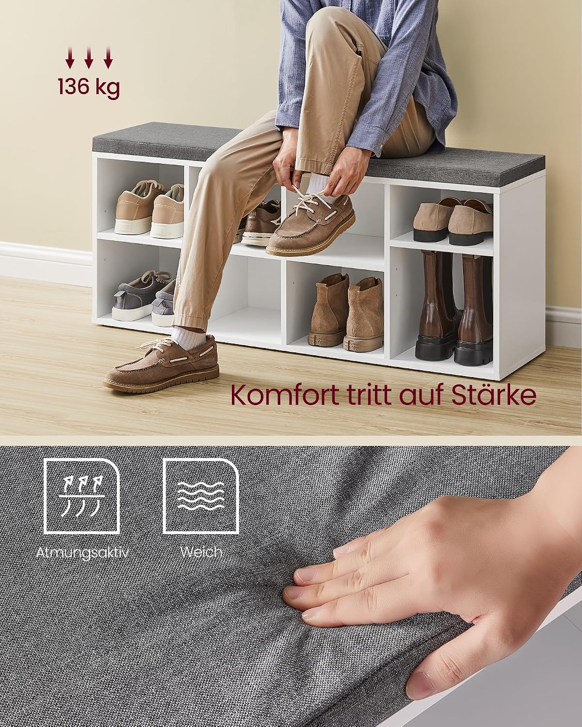 Schuhbank 100 cm mit 2 Fächern Stauraum Wolkenweiss von Songmics