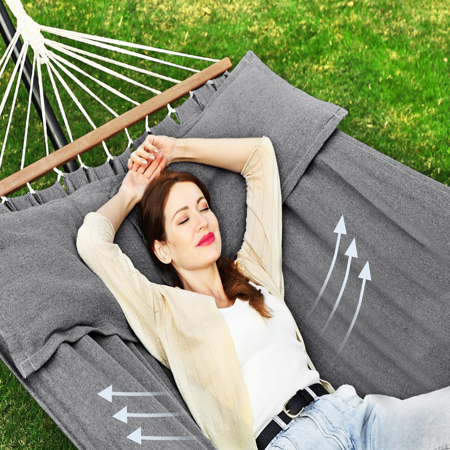 Hängematte Outdoor 210x150cm 300kg mit Kissen Holzstangen von Songmics