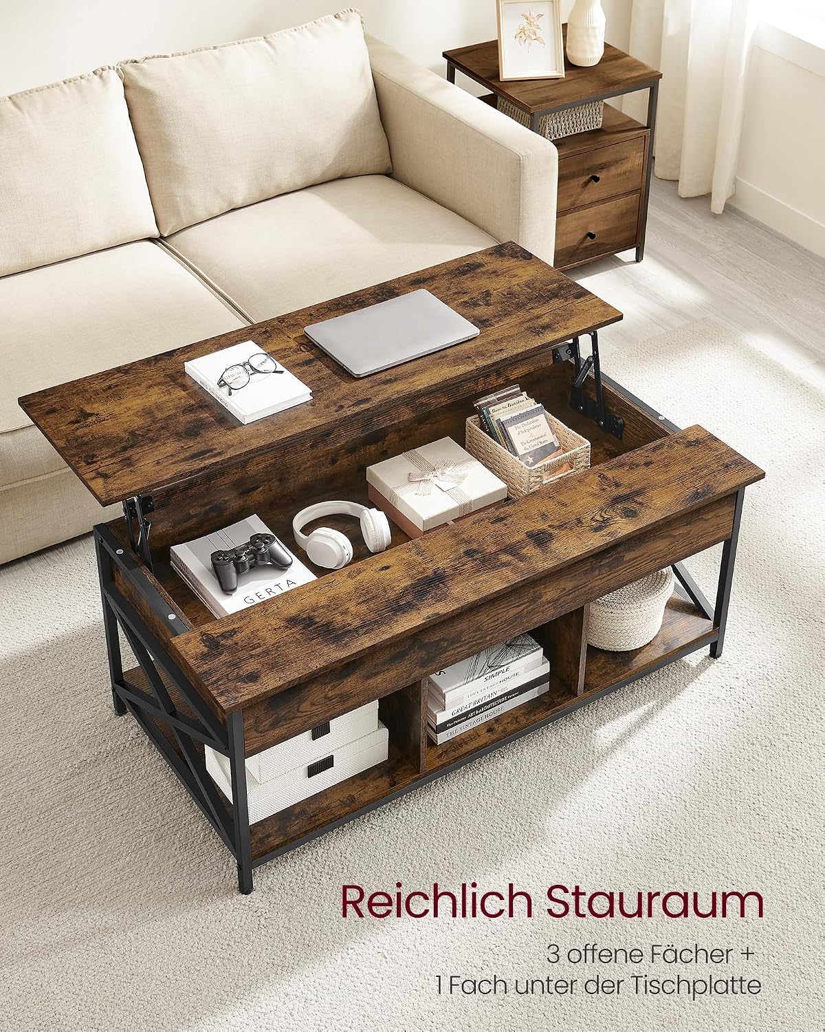 Couchtisch 120x60 cm Liftplatte Stauraum Vintagebraun von Songmics